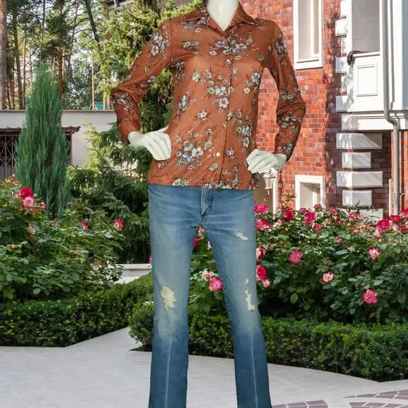 Vintage Rustic Boho Floral Shirt Brown S - Picture 7 of 8